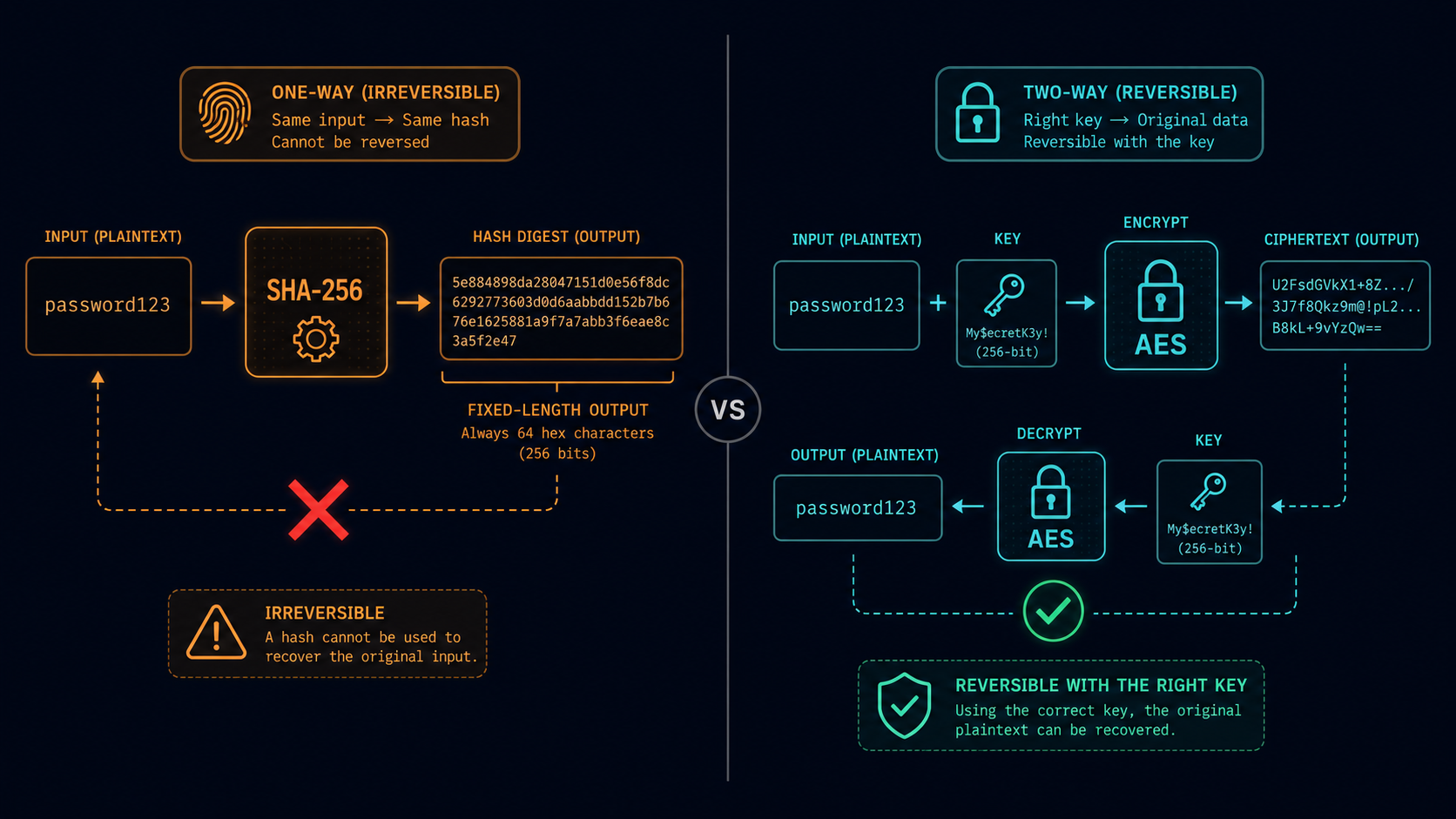 Hashing vs Encryption comparison diagram